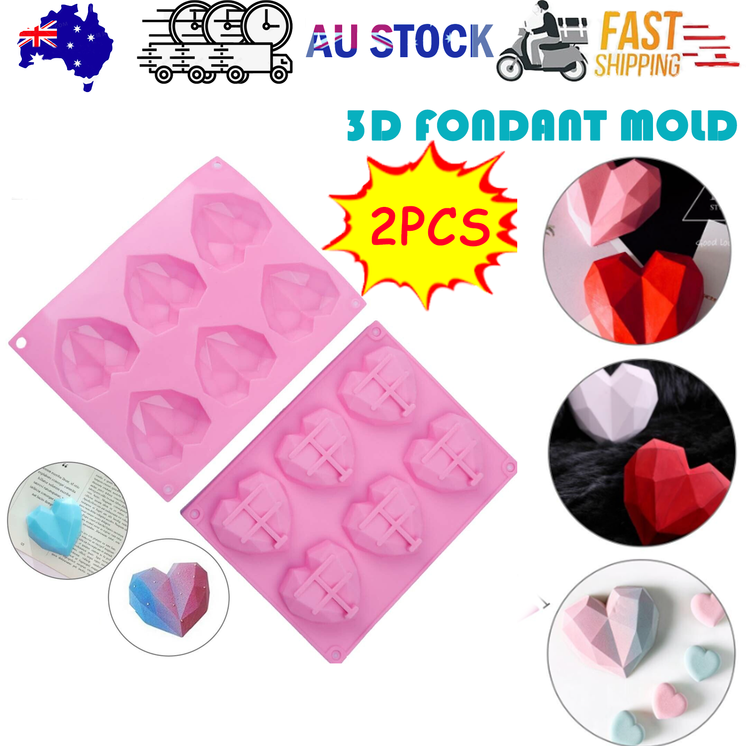 2PCS DIY 3D Fondant Mold Silicone Heart Shape Candy Cake Chocolate Mould Sugar Craft V201-W12420716