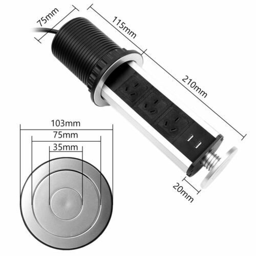 Pop Up Power Point 3 Socket Plug + 2 USB Table Home Kitchen Desk Outlet V201-W12466449