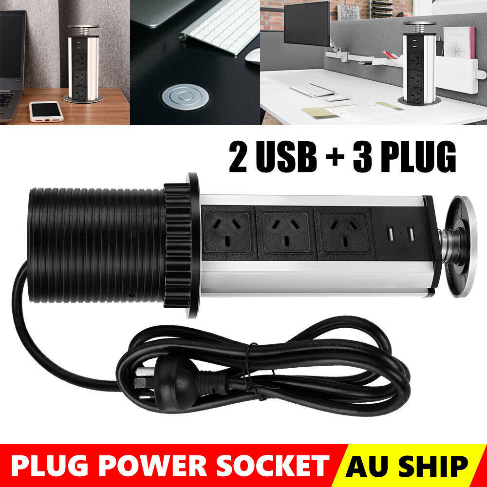 Pop Up Power Point 3 Socket Plug + 2 USB Table Home Kitchen Desk Outlet V201-W12466449