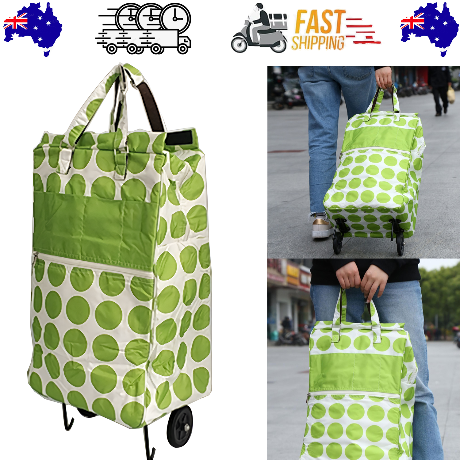 Shopping Trolley Cart Bag Foldable Wheels Carts Bags Market Luggage Basket green circle V201-W12583061