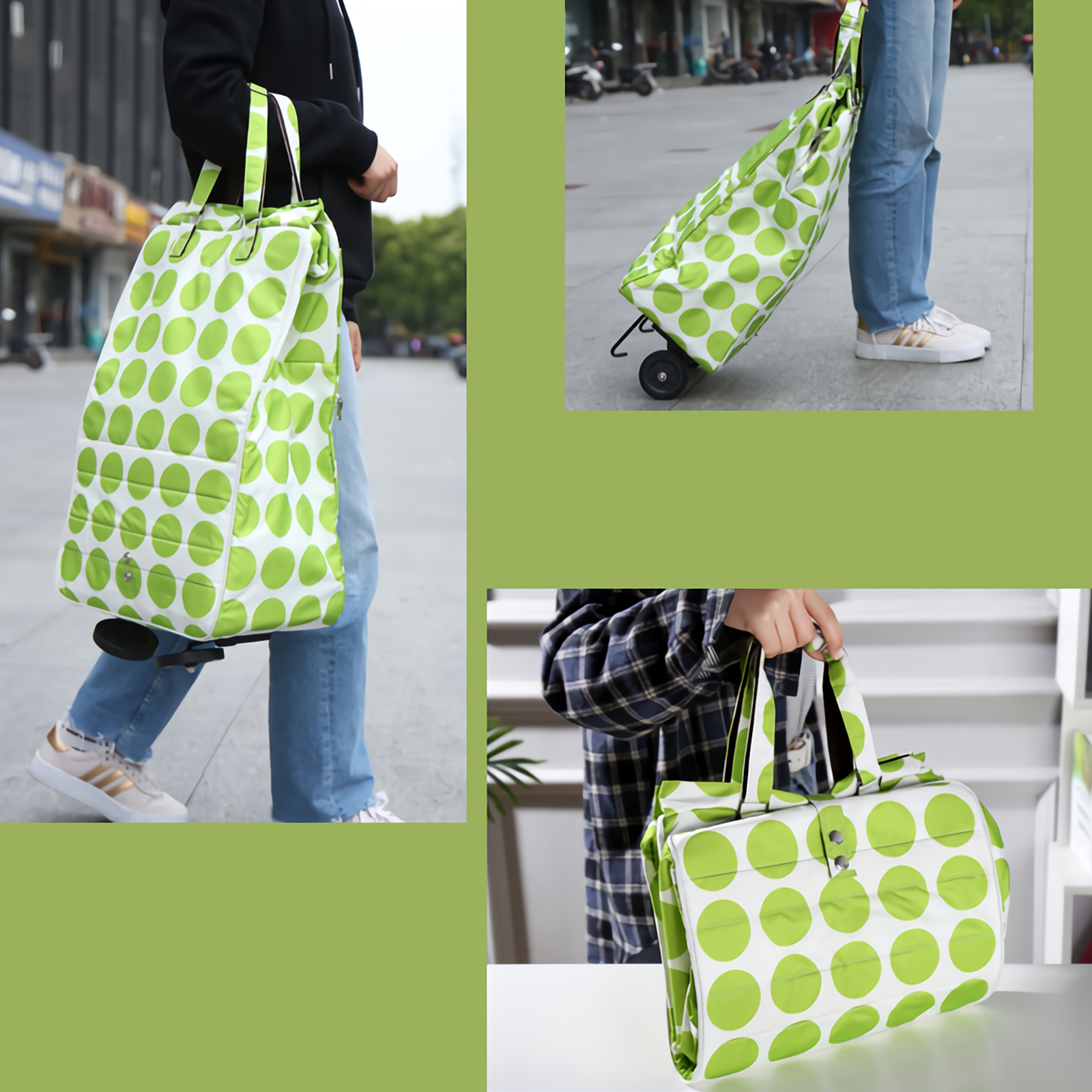 Shopping Trolley Cart Bag Foldable Wheels Carts Bags Market Luggage Basket green circle V201-W12583061