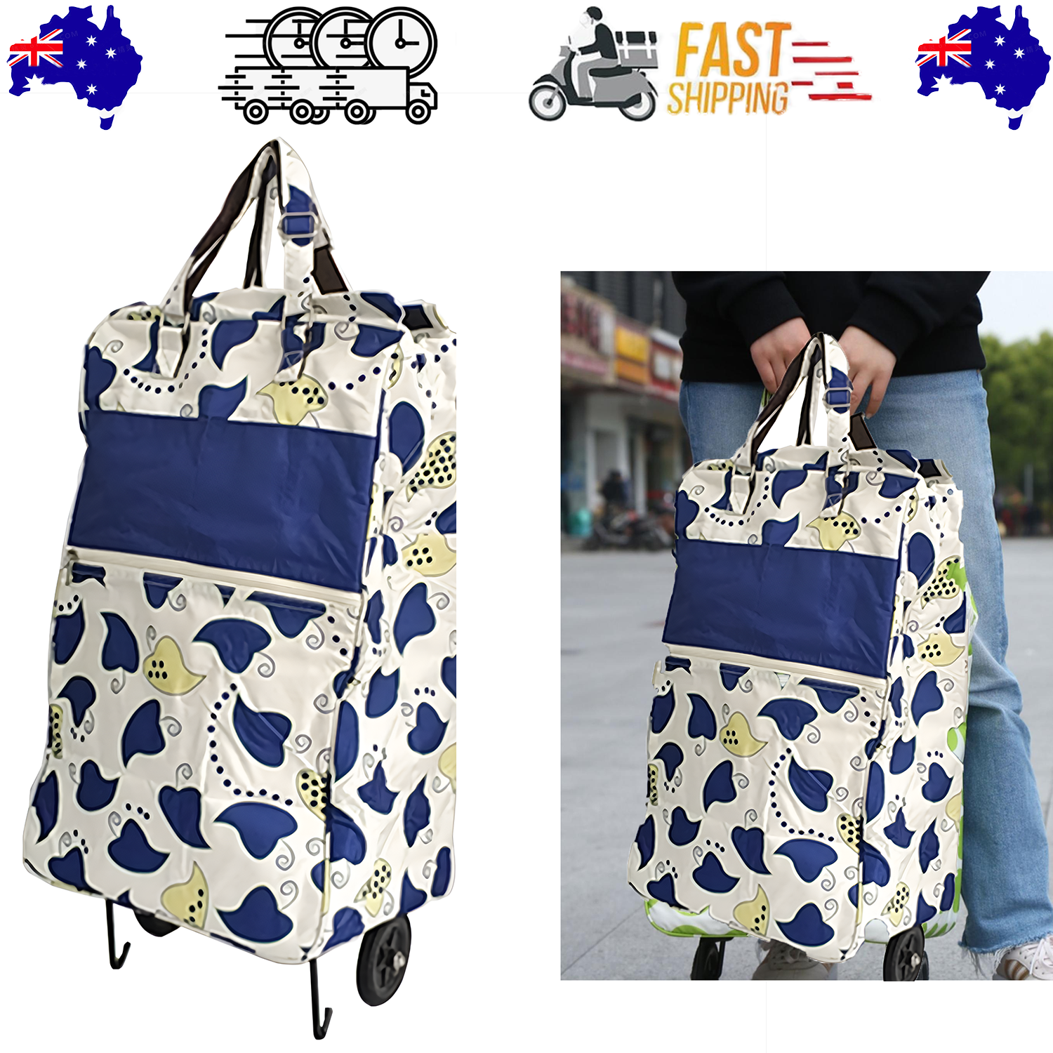 Shopping Trolley Cart Bag Foldable Wheels Carts Bags Market Luggage Basket blue leaves V201-W12583062