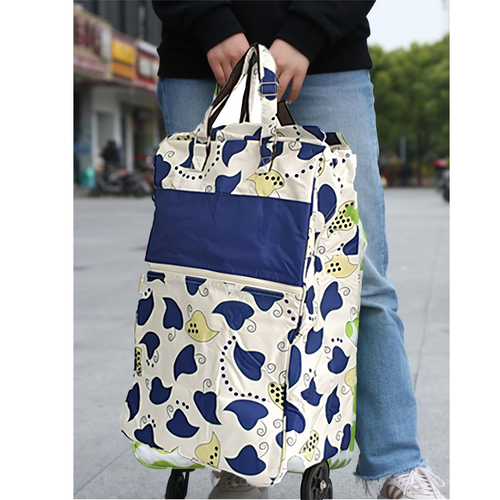 Shopping Trolley Cart Bag Foldable Wheels Carts Bags Market Luggage Basket blue leaves V201-W12583062