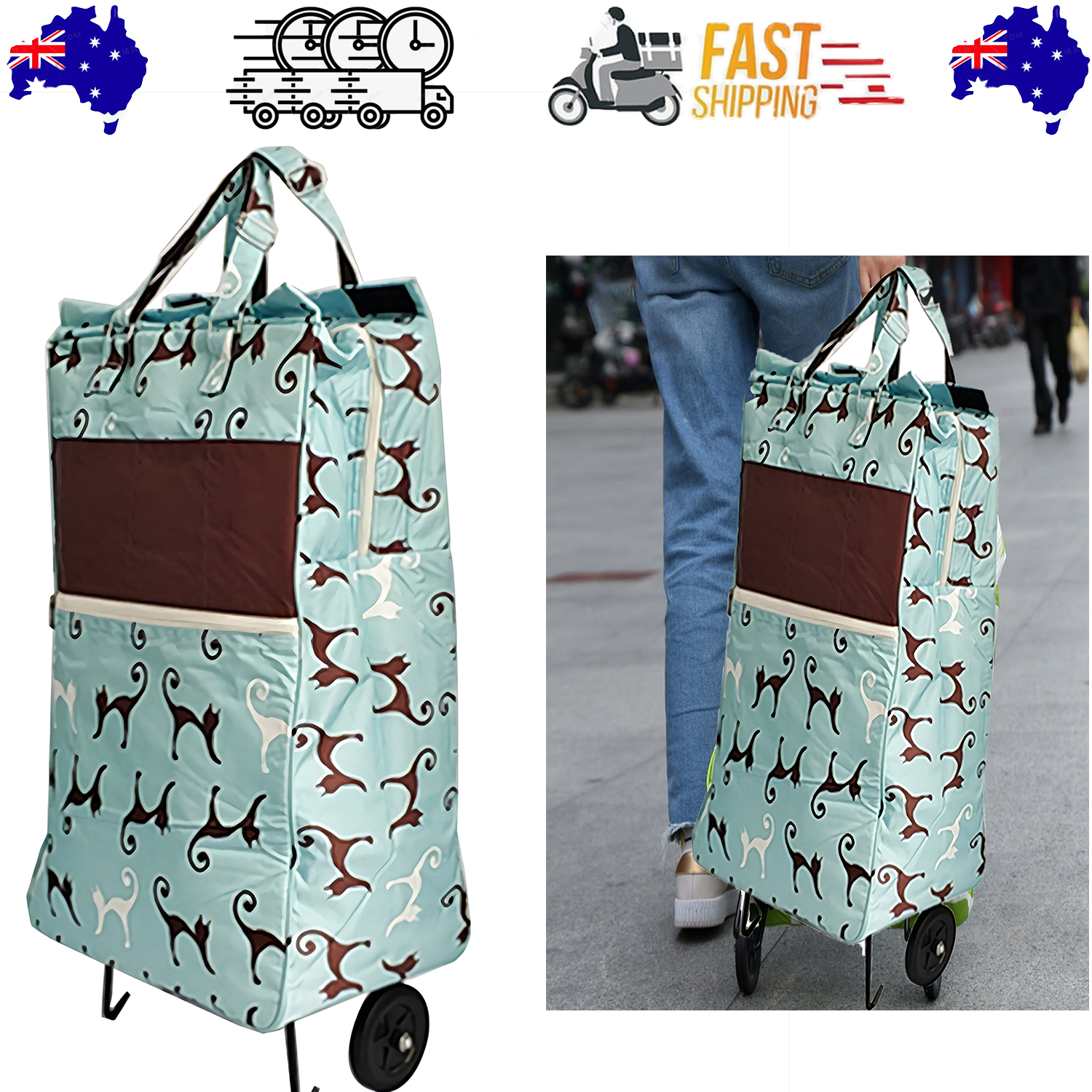 Shopping Trolley Cart Bag Foldable Wheels Carts Bags Market Luggage Basket sky blue cat V201-W12583063