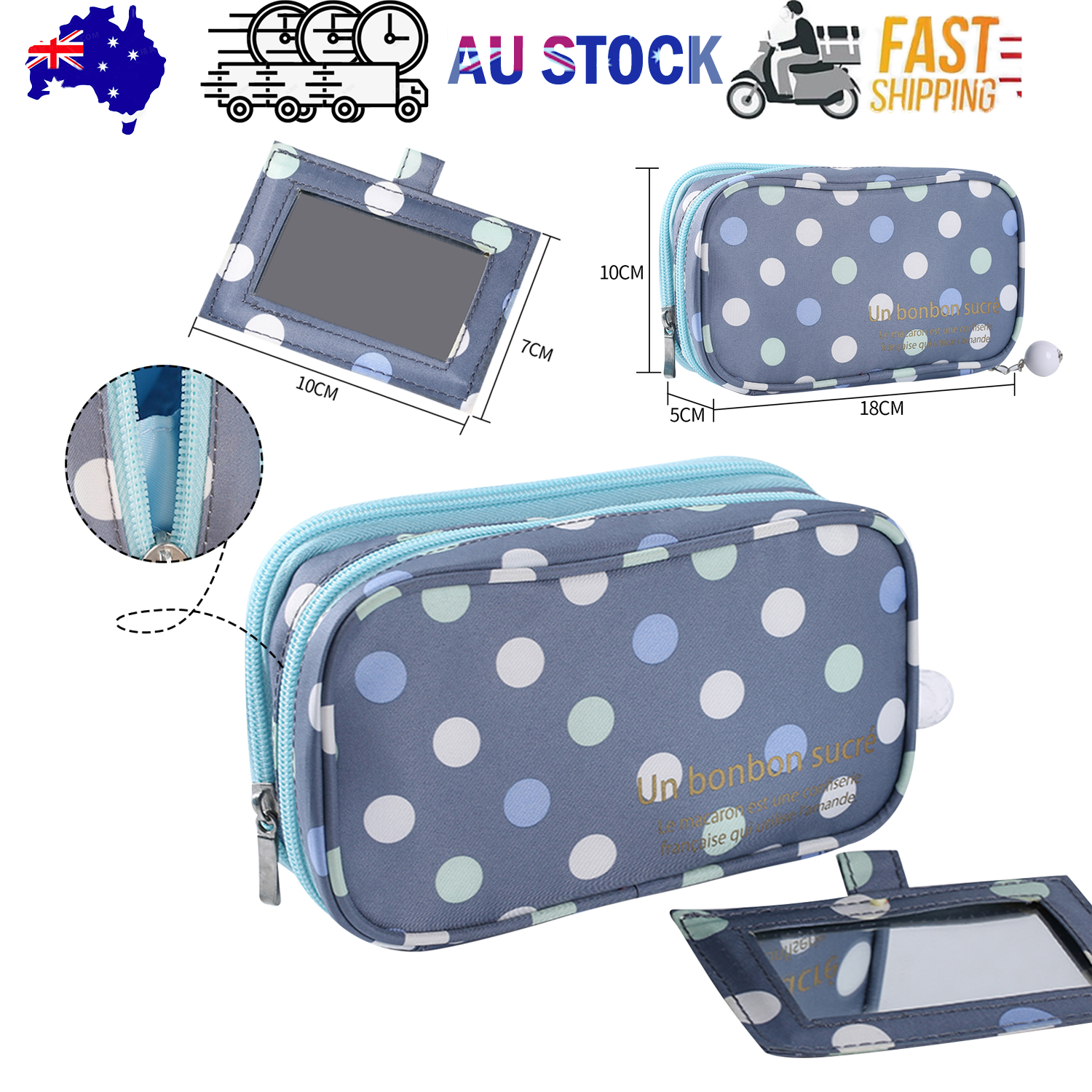 2 Layer Makeup Bag w/ Mirror Travel Cosmetic Bag Organizer Brush Slots Portable V201-W12583165