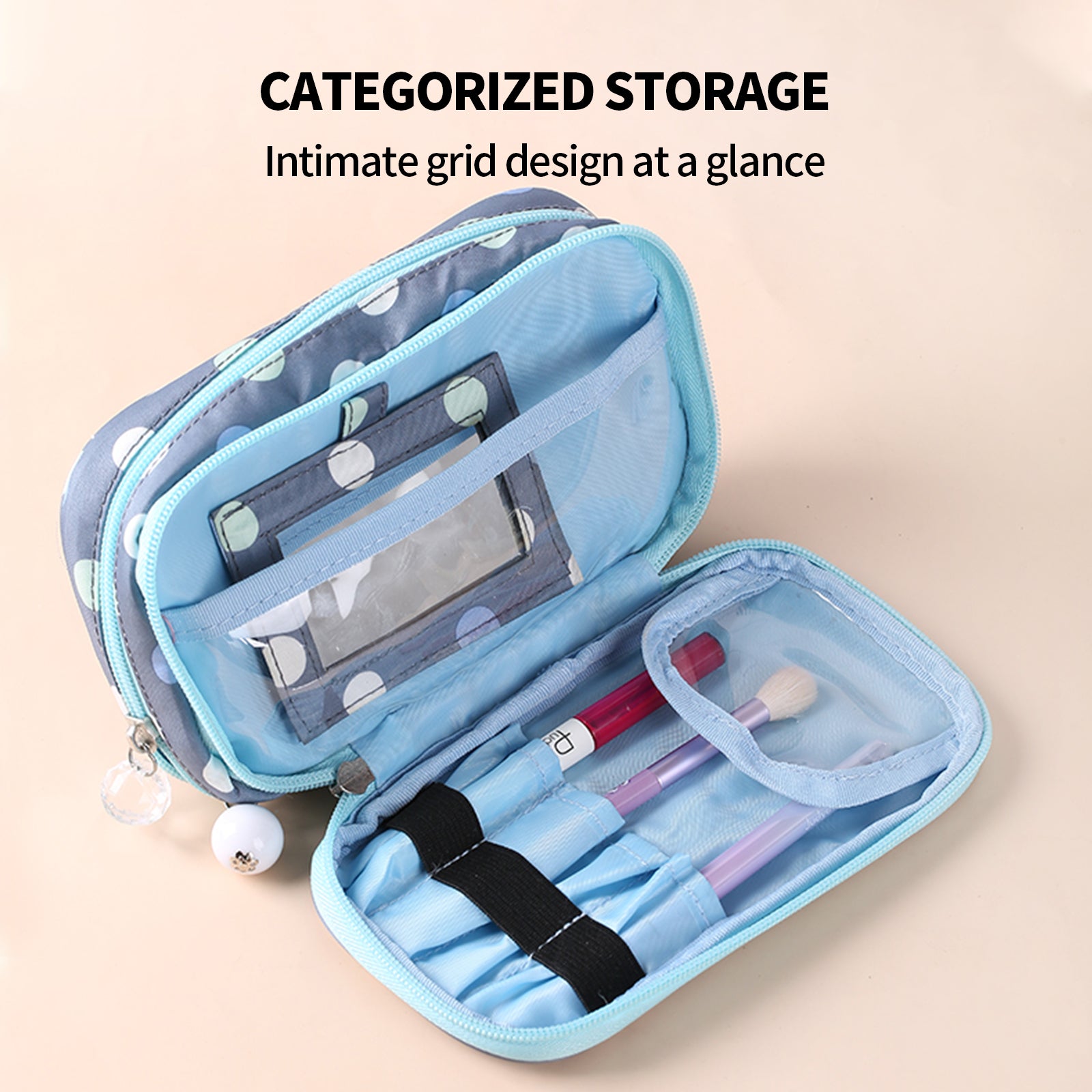 2 Layer Makeup Bag w/ Mirror Travel Cosmetic Bag Organizer Brush Slots Portable V201-W12583165