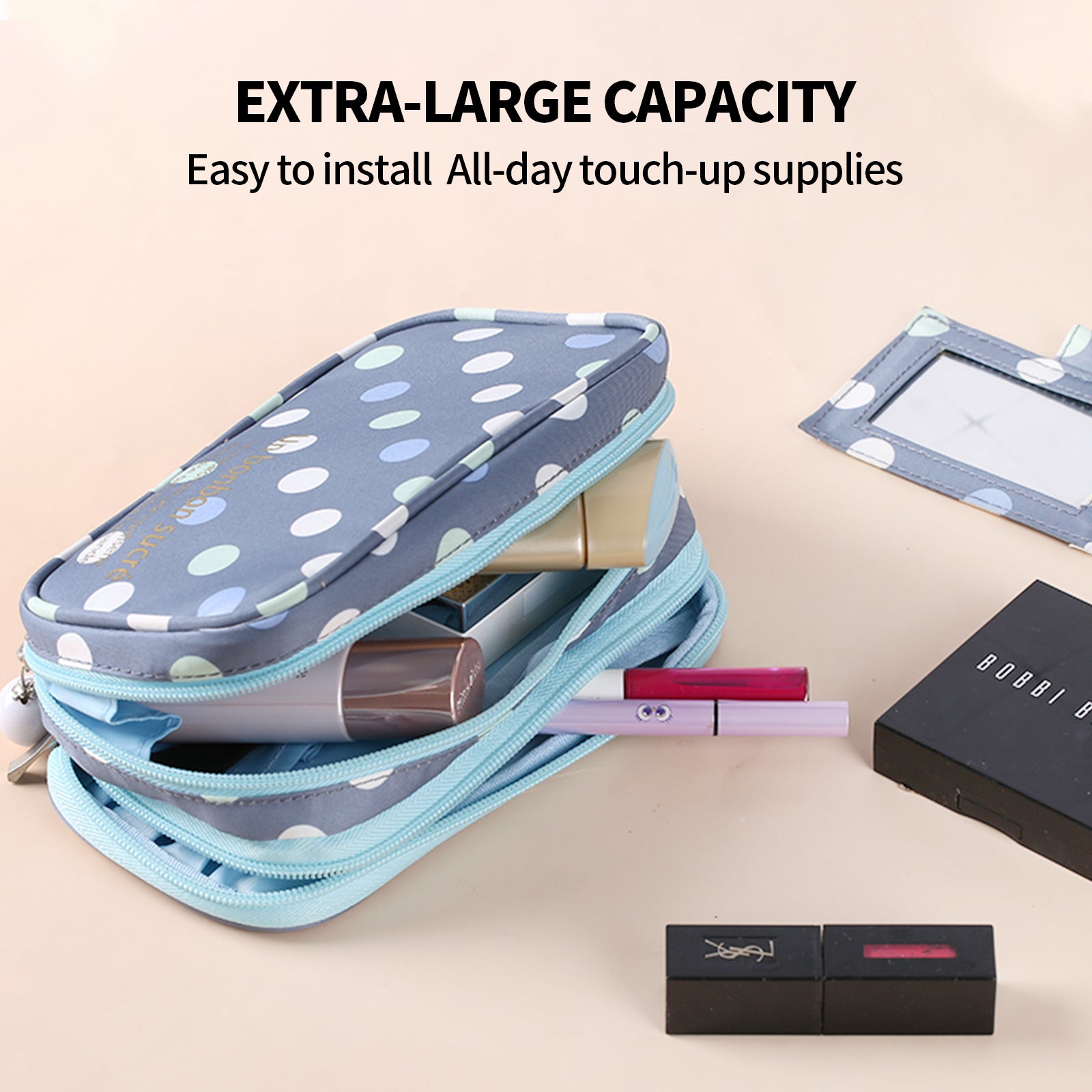 2 Layer Makeup Bag w/ Mirror Travel Cosmetic Bag Organizer Brush Slots Portable V201-W12583165