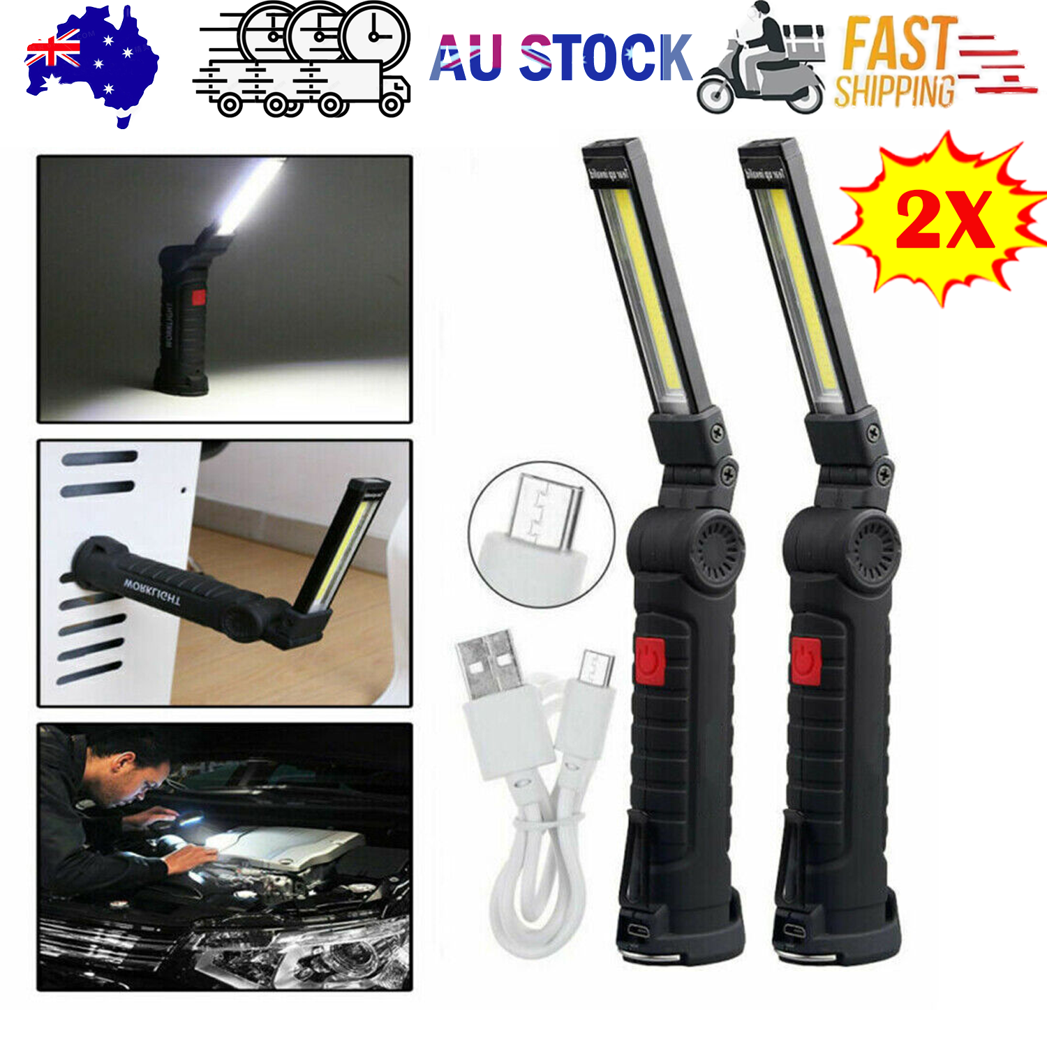 Portable COB LED Work Light Car Garage Mechanic USB Rechargeable Torch Lamp AU V201-W12688047
