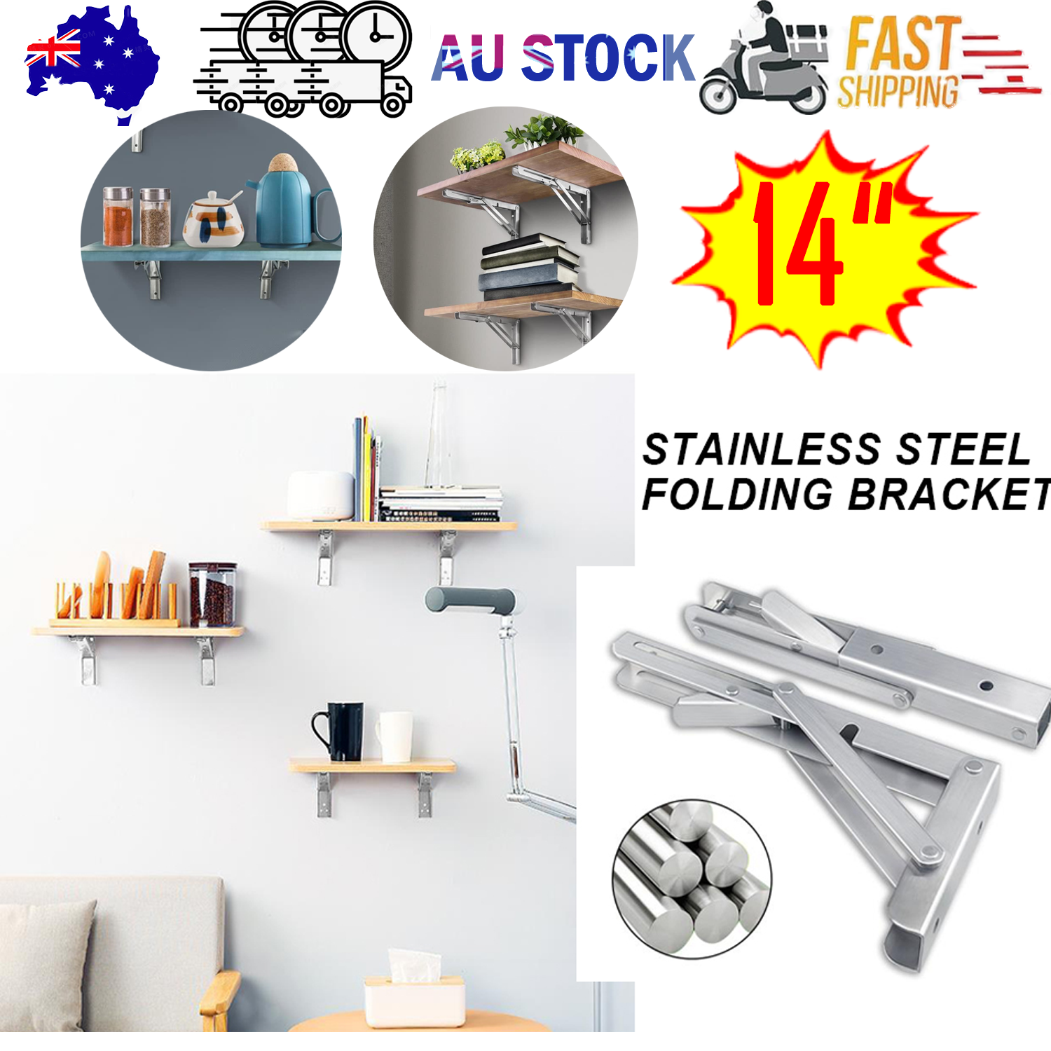 14"Stainless Steel Folding Table Bracket Shelf Bench 200kg Load Heavy Duty V201-W12783396