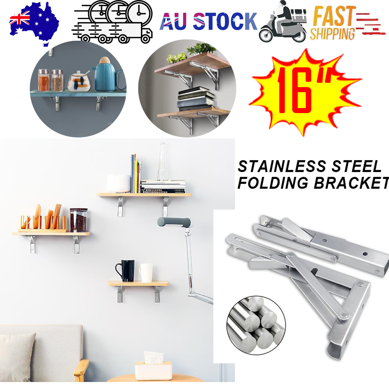 16"Stainless Steel Folding Table Bracket Shelf Bench 200kg Load Heavy Duty V201-W12783397
