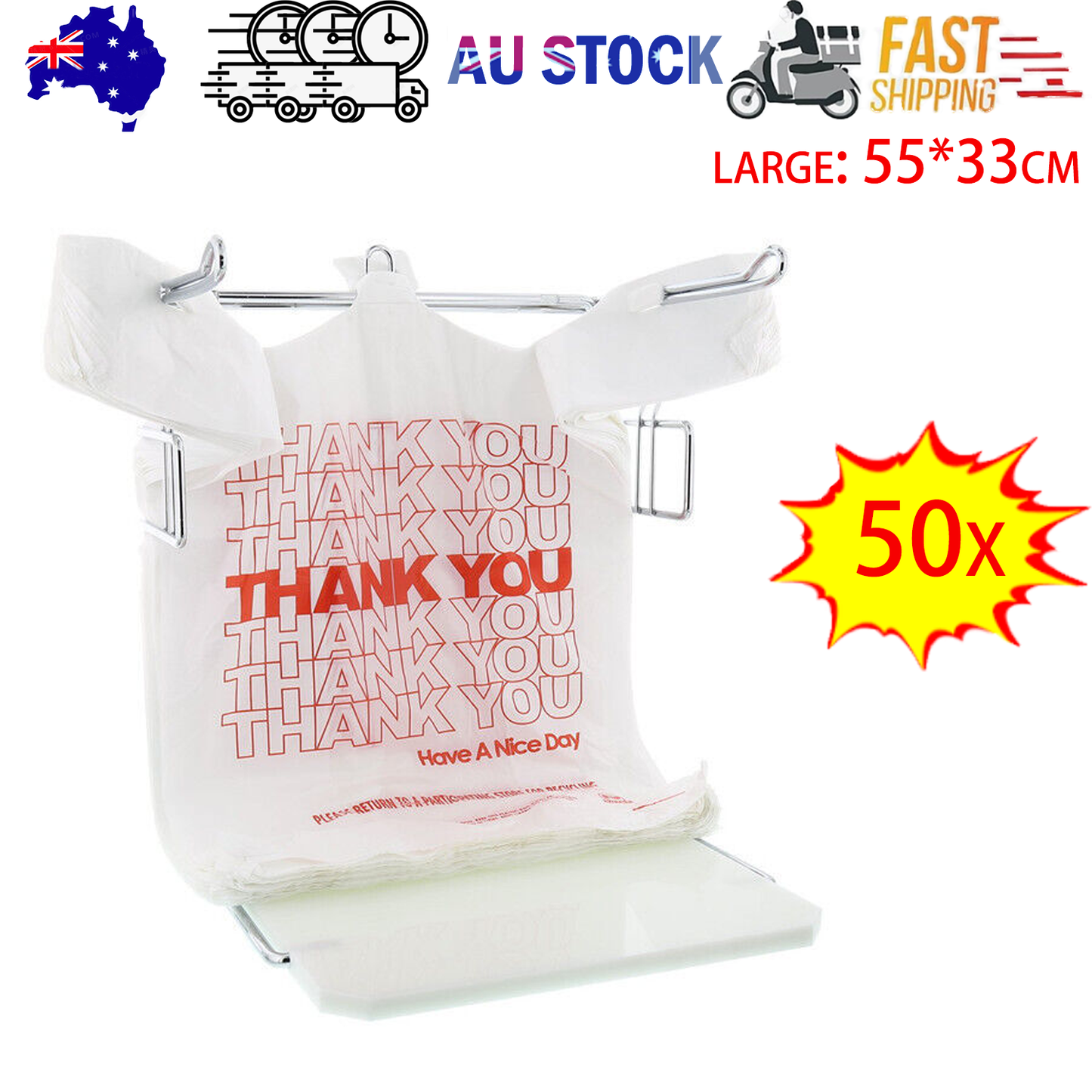 50X Plastic Shopping Bags - Reusable Recyclable Singlet Eco Grocery Carry Bag large V201-W12783626