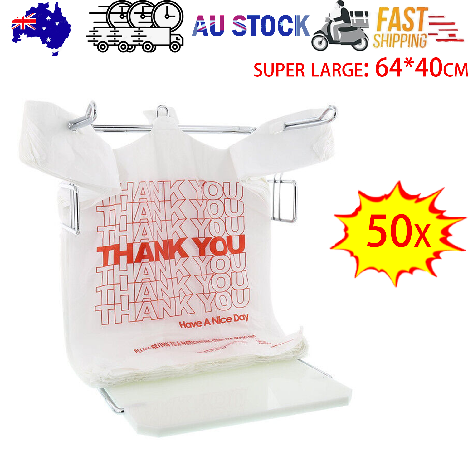50X Plastic Shopping Bags - Reusable Recyclable Singlet Eco Grocery Carry Bag Super Large V201-W12783633