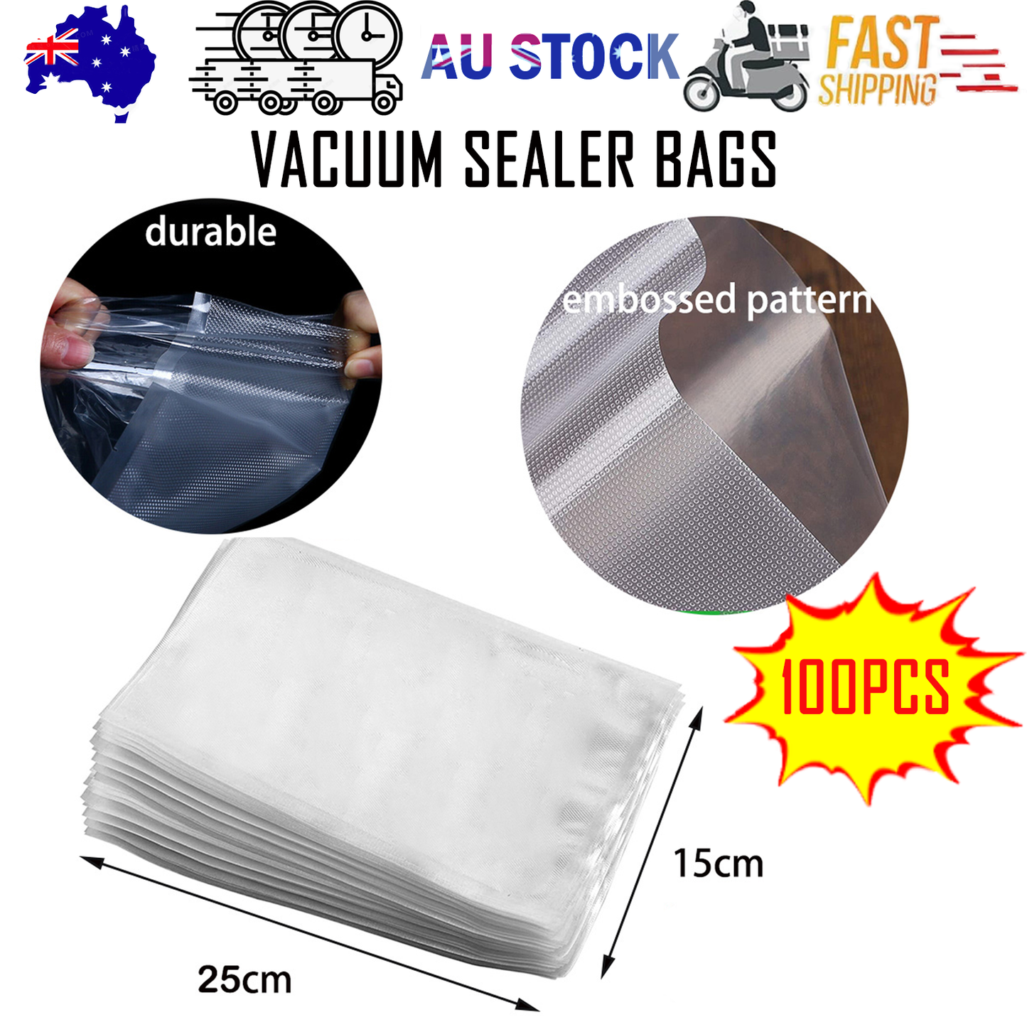 100X Vacuum Sealer Bags Precut Food Storage Saver Heat Seal Cryovac BPA-Free 15x25cm V201-W12783748