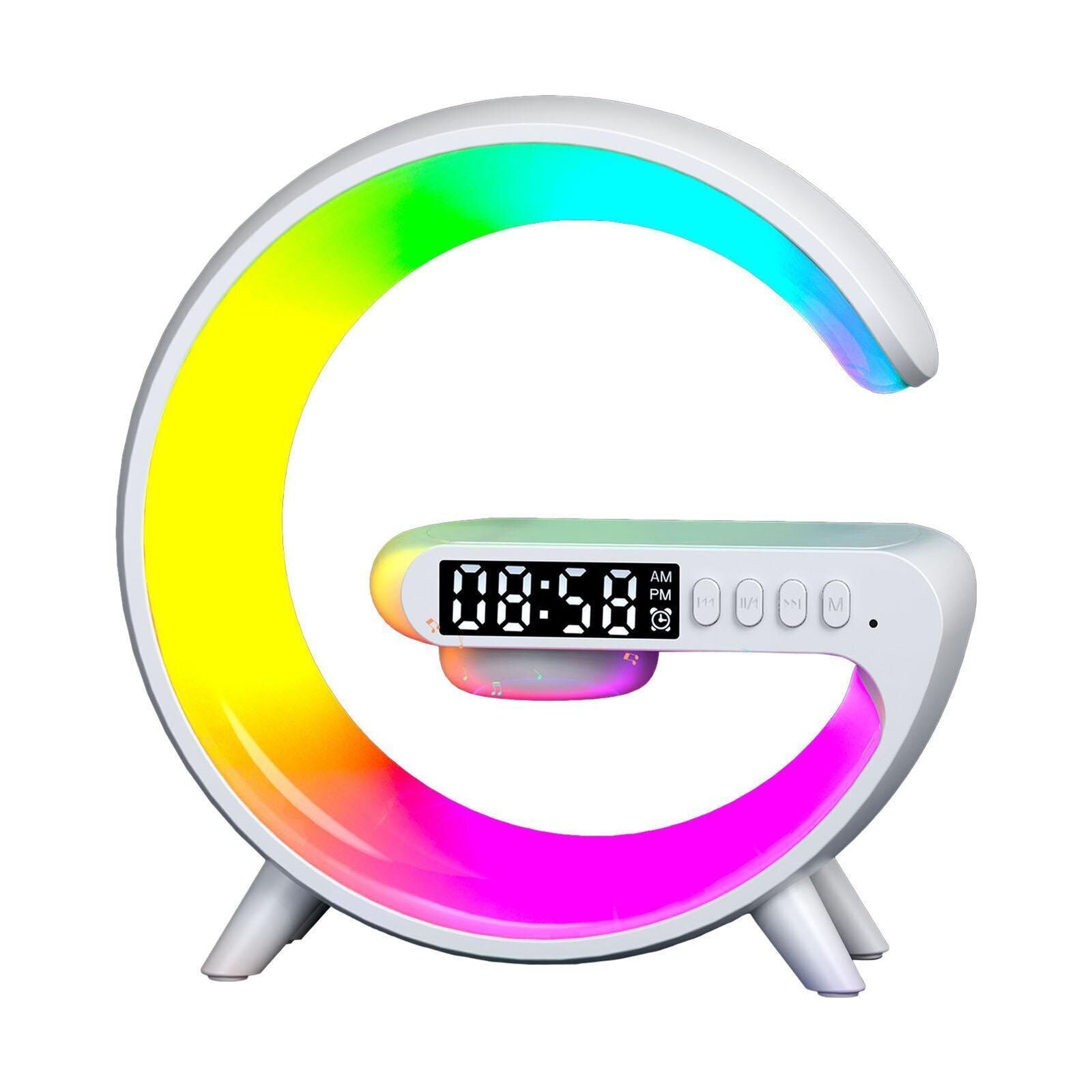 White Smart G Lamp Night Light Bluetooth Speaker Wireless Charger LED RGB Alarm Clock V201-W12854968