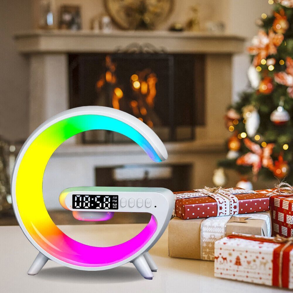 White Smart G Lamp Night Light Bluetooth Speaker Wireless Charger LED RGB Alarm Clock V201-W12854968