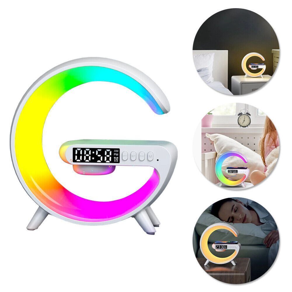 White Smart G Lamp Night Light Bluetooth Speaker Wireless Charger LED RGB Alarm Clock V201-W12854968