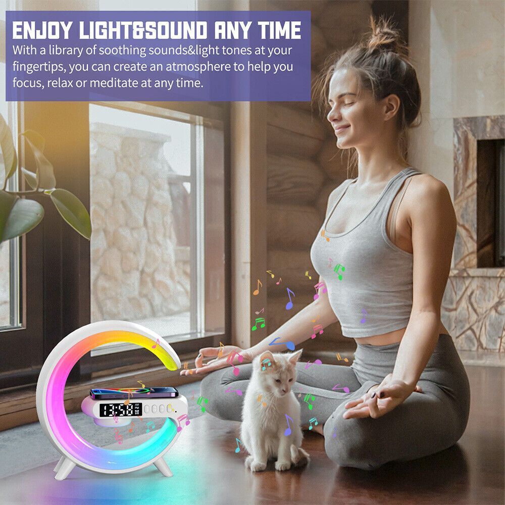 White Smart G Lamp Night Light Bluetooth Speaker Wireless Charger LED RGB Alarm Clock V201-W12854968