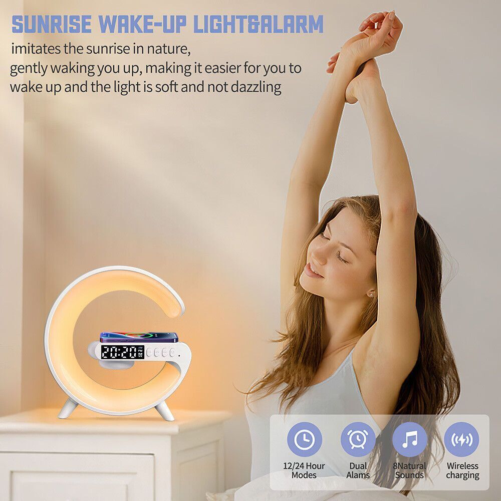 White Smart G Lamp Night Light Bluetooth Speaker Wireless Charger LED RGB Alarm Clock V201-W12854968