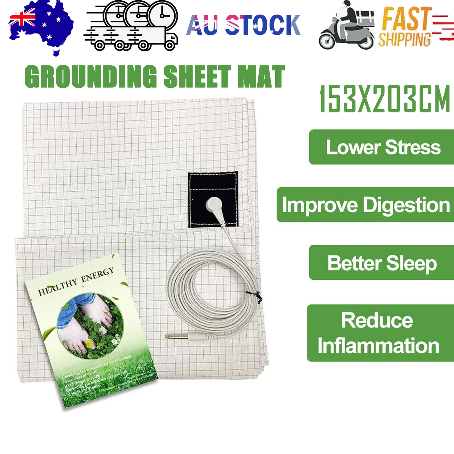 Bed Earthing Sheet Grounding Sheet Mat Large Bed Sheet Flat Sheet W/AU Plug 153x203cm V201-W12918152