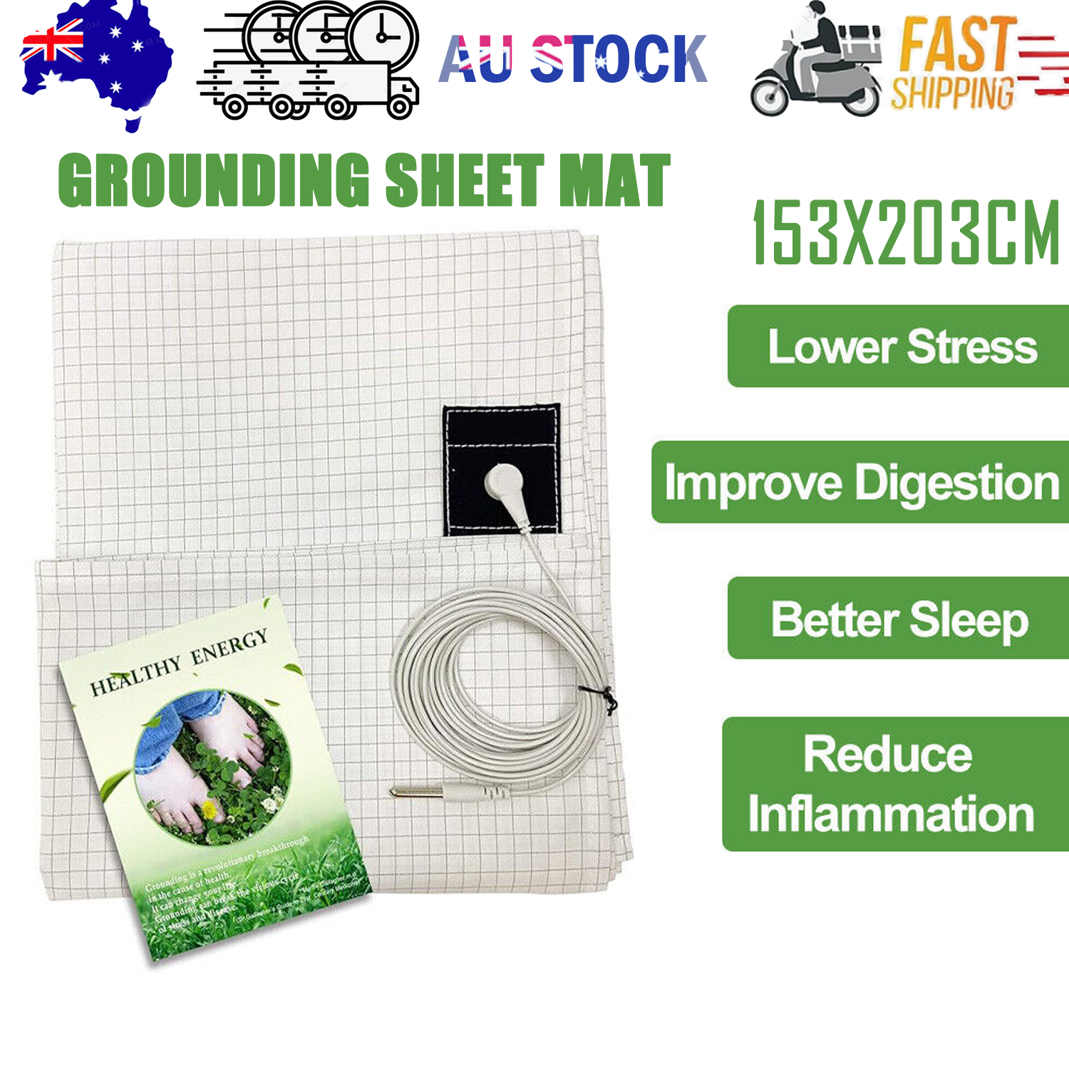Bed Earthing Sheet Grounding Sheet Mat Large Bed Sheet Flat Sheet W/AU Plug 153x203cm V201-W12918152