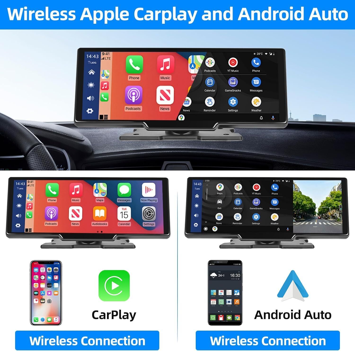10.26" 4K Dash Cam Car Stereo For Apple Carplay & Android Auto GPS Rear Camera V201-W12929584