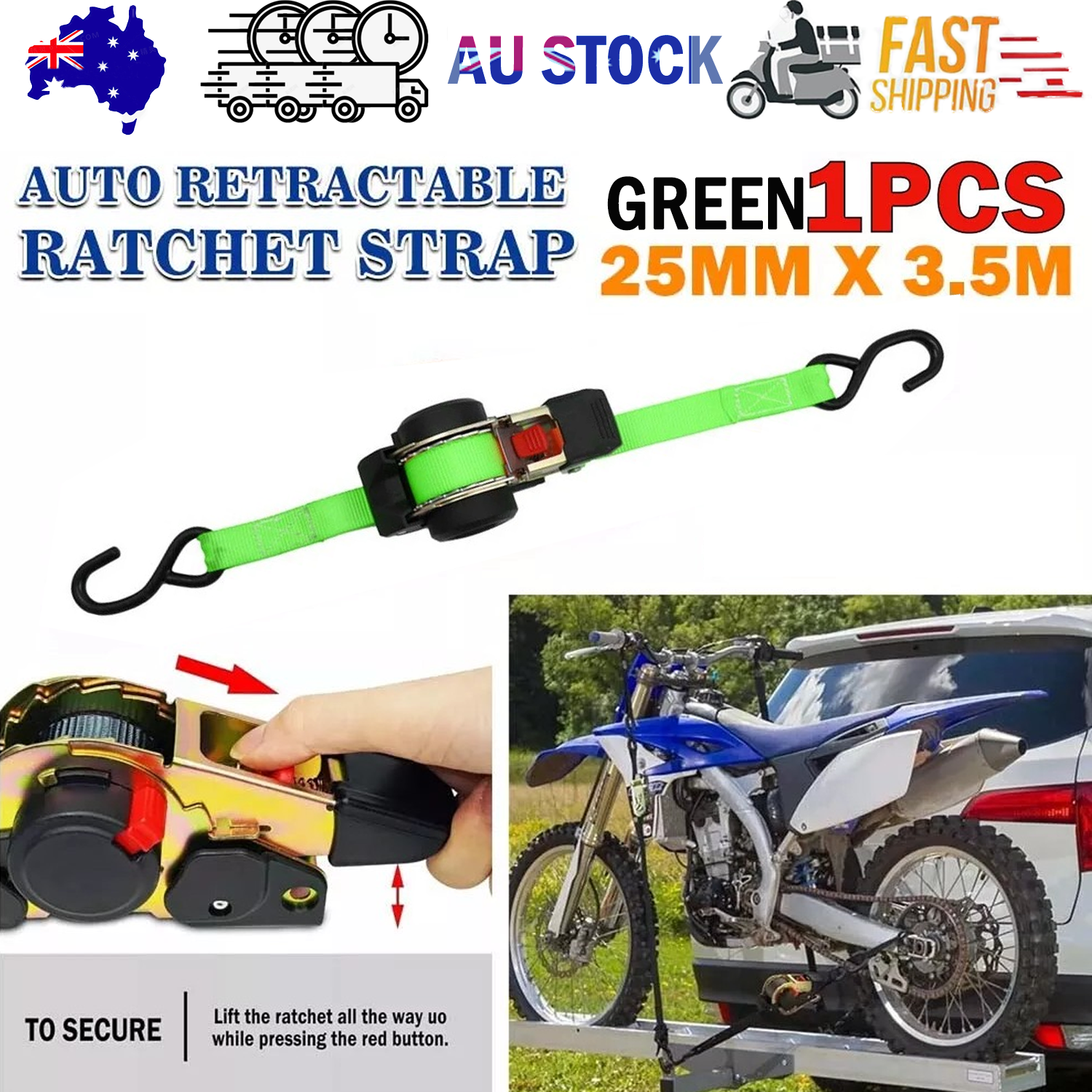 Quick Release Automatic Heavy Duty Retractable Ratchet Tie Down Strap green 25mm*3m V201-W13049087