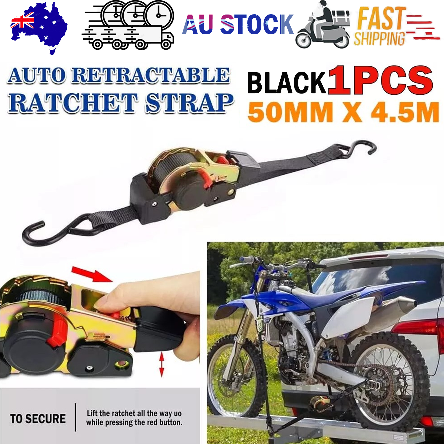 Quick Release Automatic Heavy Duty Retractable Ratchet Tie Down Strap black 50mm*4.5m V201-W13050091