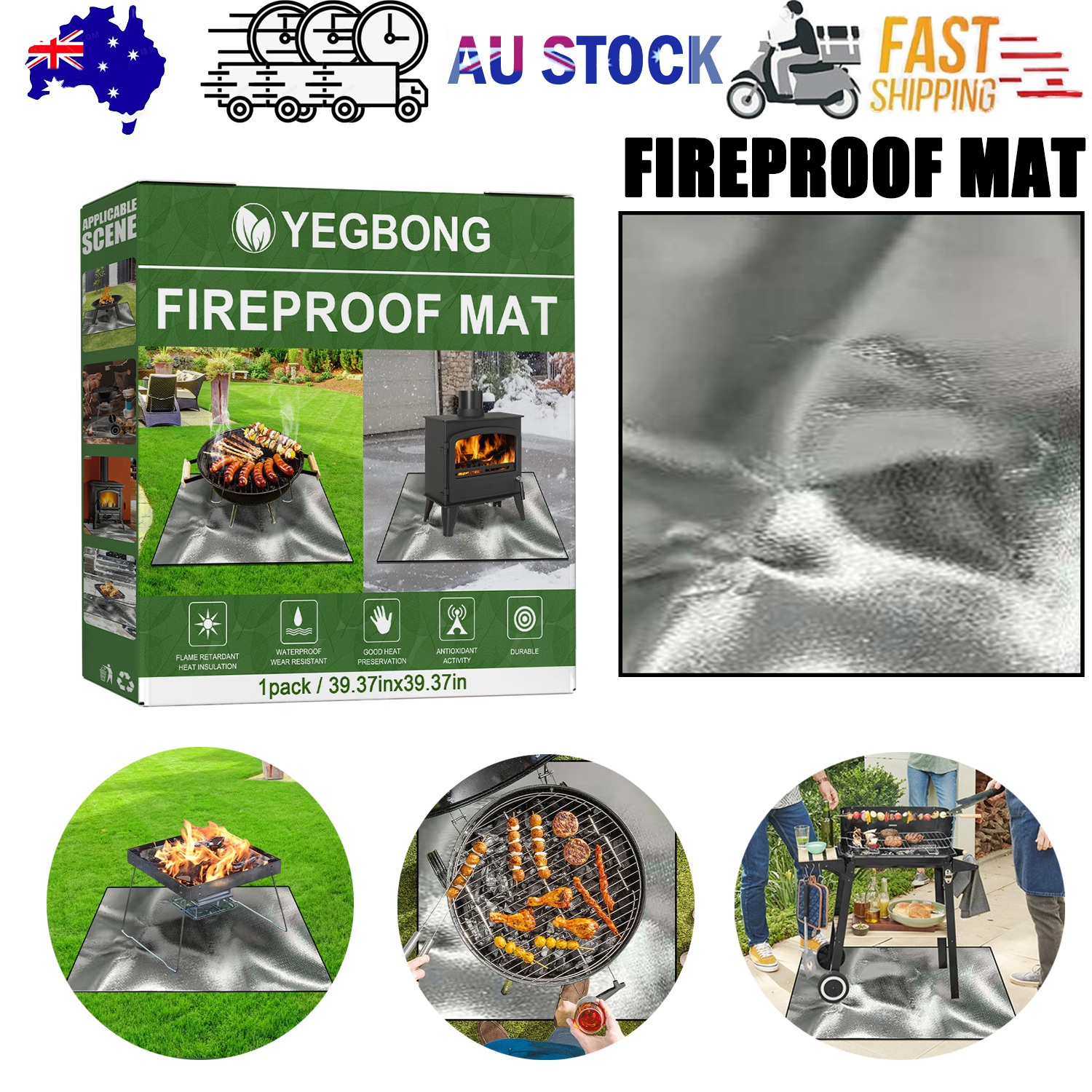 Yegbong Fireproof Mat, Outdoor Lawn Terrace Barbecue Fireproof Silver Rectangular Protective Mat V201-W13188448