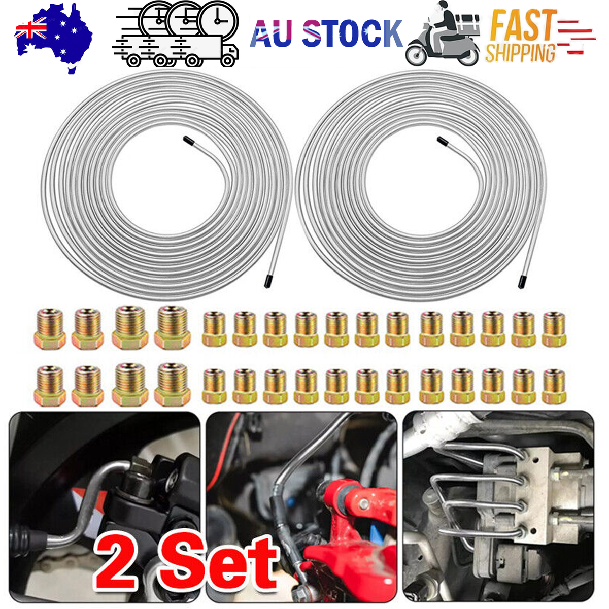 2 Packs 3/16 inch Brake Line Kit 25Ft Tube Rolls Zinc Steel with 32 Fittings NEW V201-W13220693