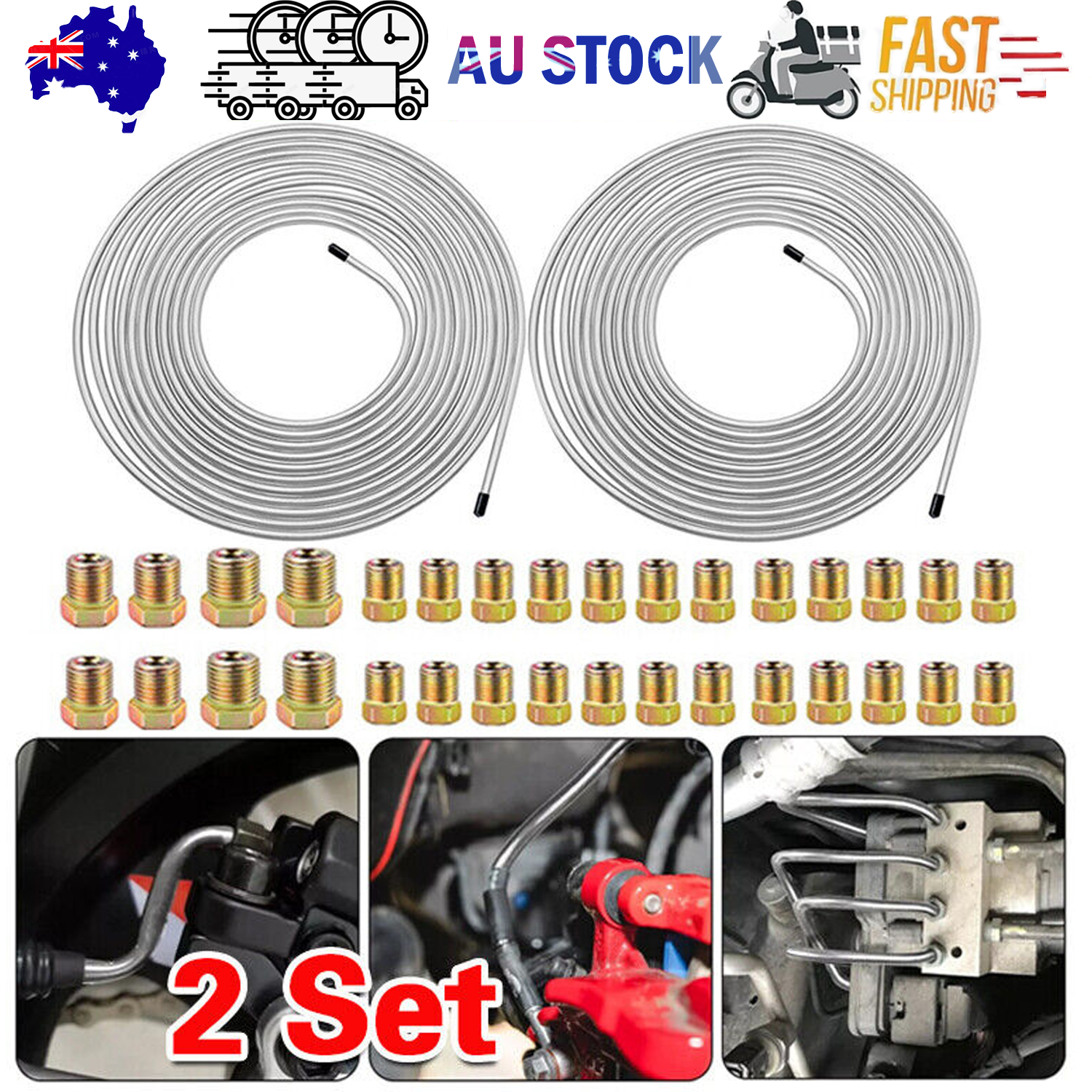 2 Packs 3/16 inch Brake Line Kit 25Ft Tube Rolls Zinc Steel with 32 Fittings NEW V201-W13220693