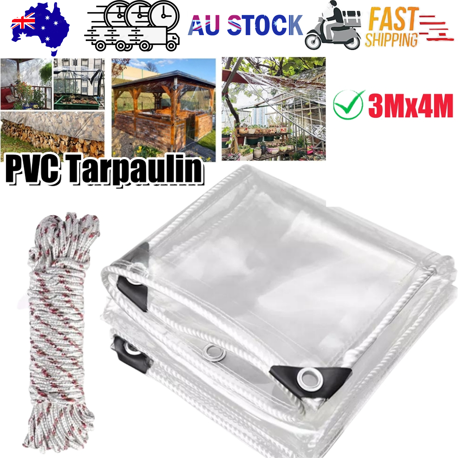 420GSM Heavy Duty Clear PVC Tarpaulin Cloth Transparent Tarps Grommets 3X4M V201-W13278699