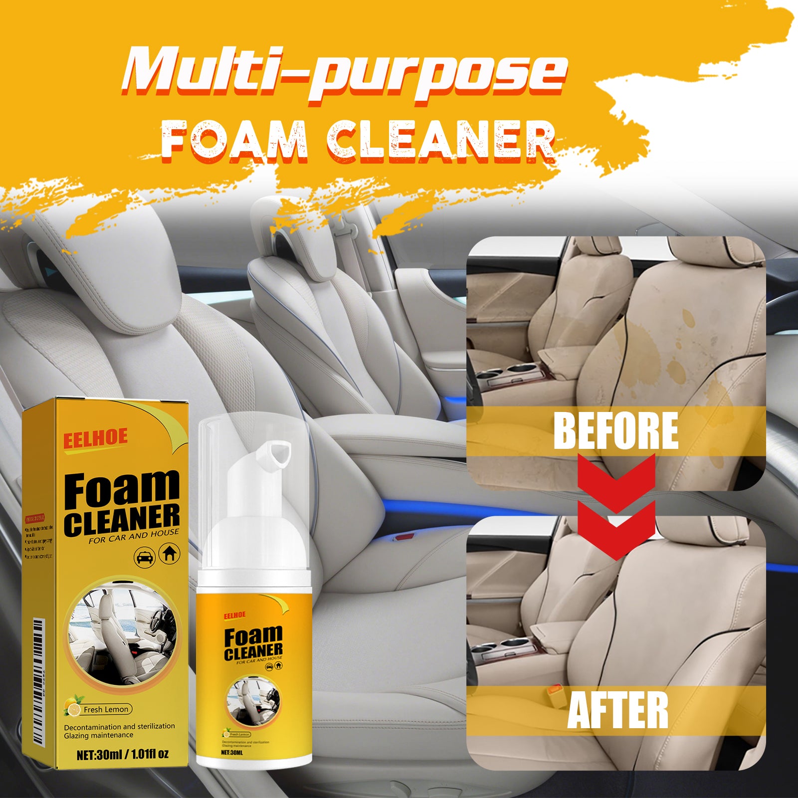 Foam Cleaner, Leather Seat Supplies Decontamination Multi-Functional Interior Cleaner V201-W13288636