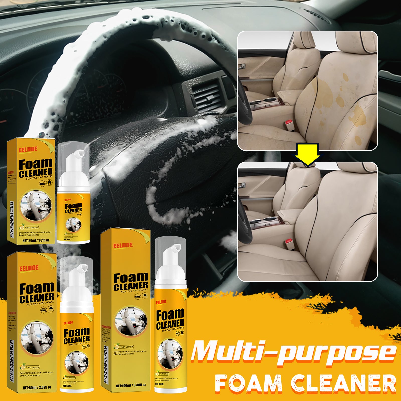 Foam Cleaner, Leather Seat Supplies Decontamination Multi-Functional Interior Cleaner V201-W13288636