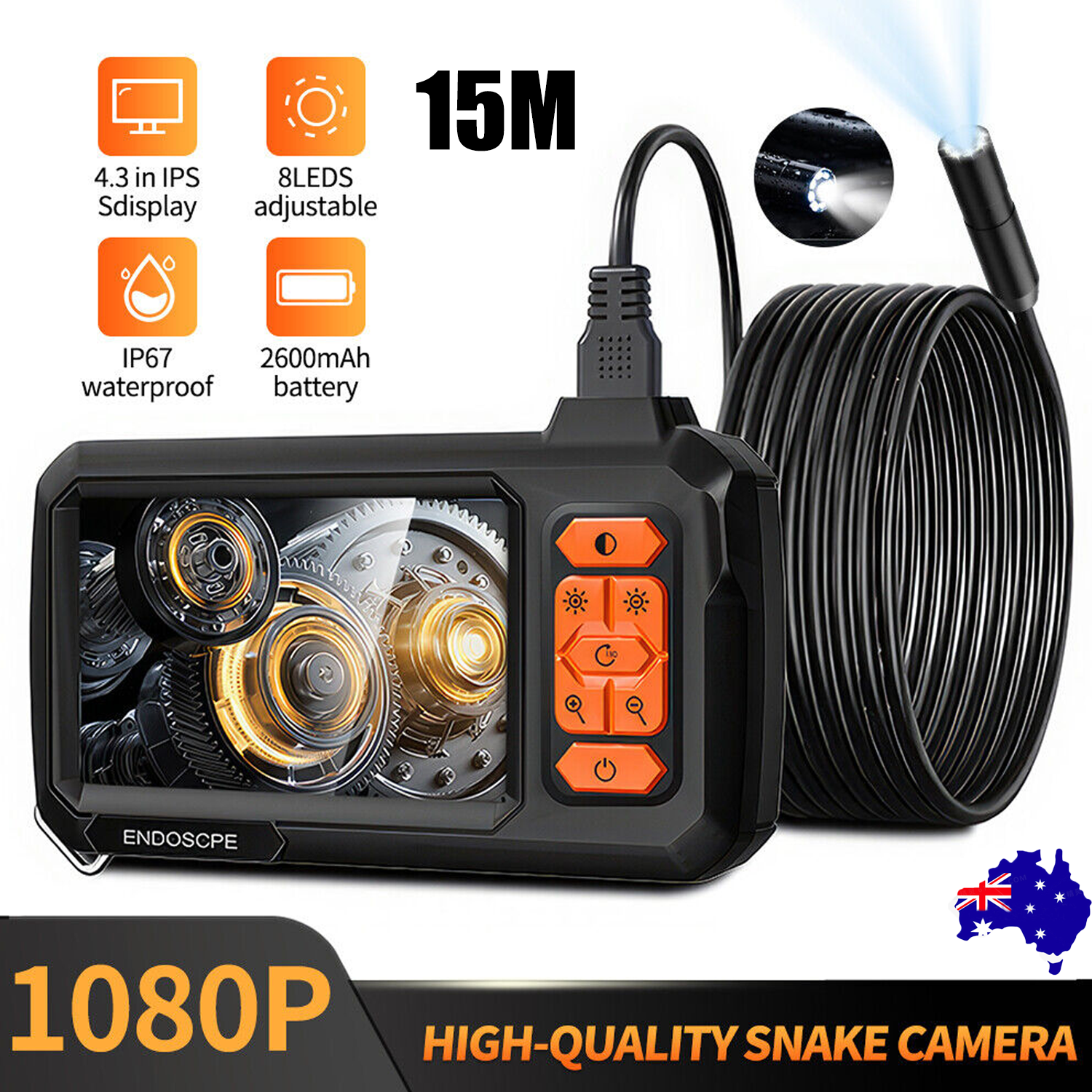 4.3" Screen Industrial Endoscope 8mm Borescope Inspection 1080P HD Camera 15M V201-W13289775