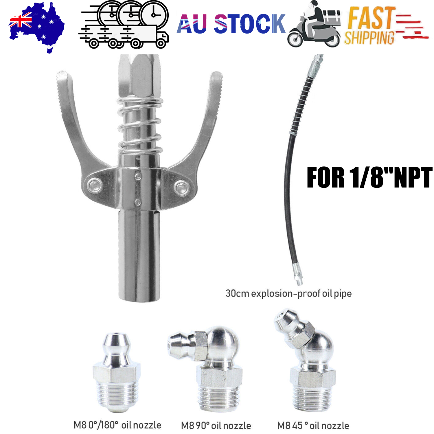 Grease Gun Coupler High Pressure Quick Release Lock Nozzles w/Hose For 1/8"NPT V201-W13314314