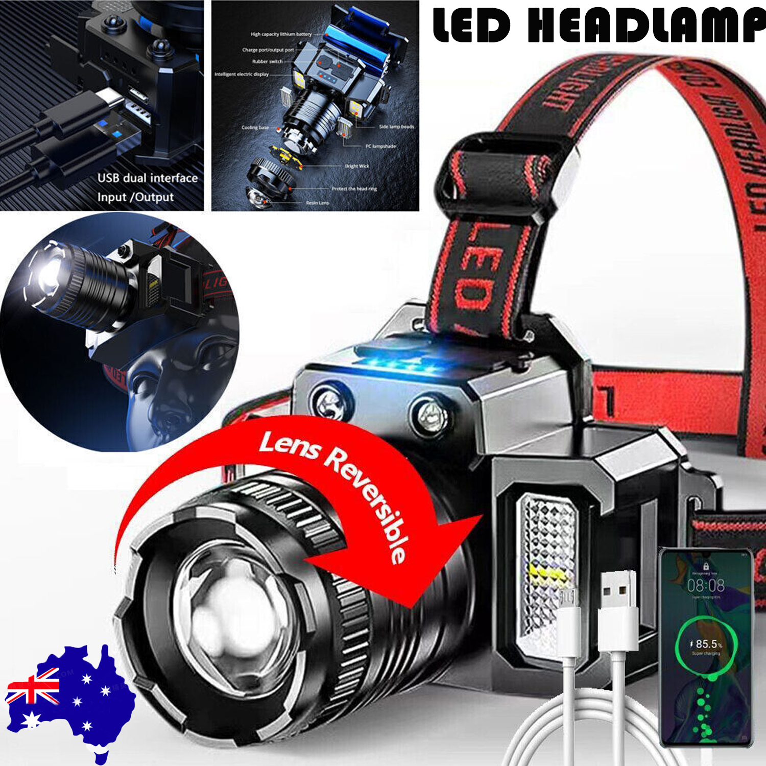 900000LM LED Headlamp Rechargeable Headlight Zoomable Head Torch Lamp Flashlight V201-W13314315