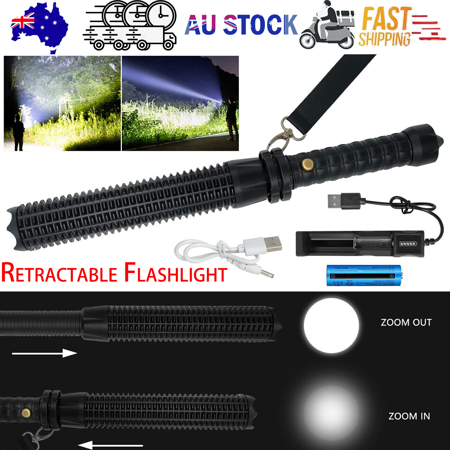 Baseball LED Flashlight Rechargeable Zoom Police Security Torch Baton Lamp Light V201-W13349285