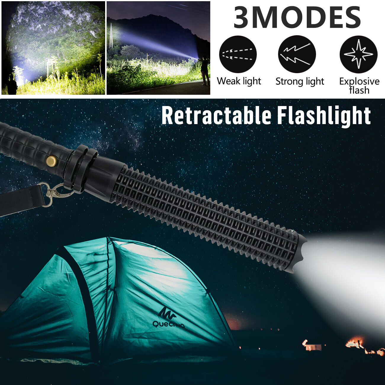 Baseball LED Flashlight Rechargeable Zoom Police Security Torch Baton Lamp Light V201-W13349285