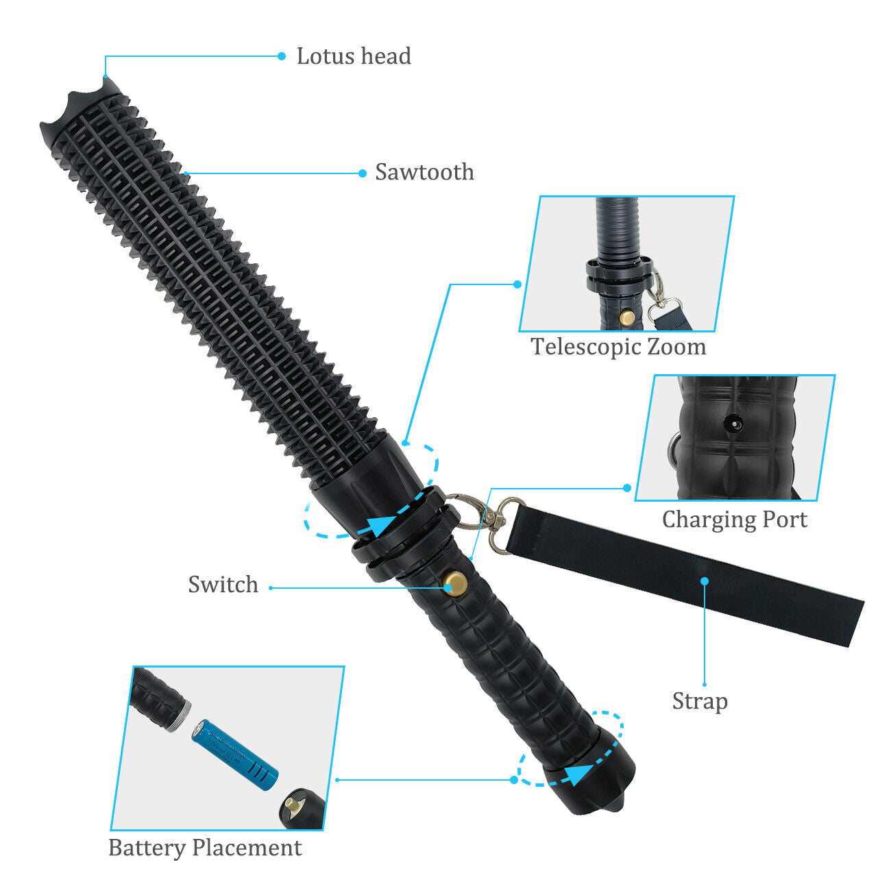 Baseball LED Flashlight Rechargeable Zoom Police Security Torch Baton Lamp Light V201-W13349285