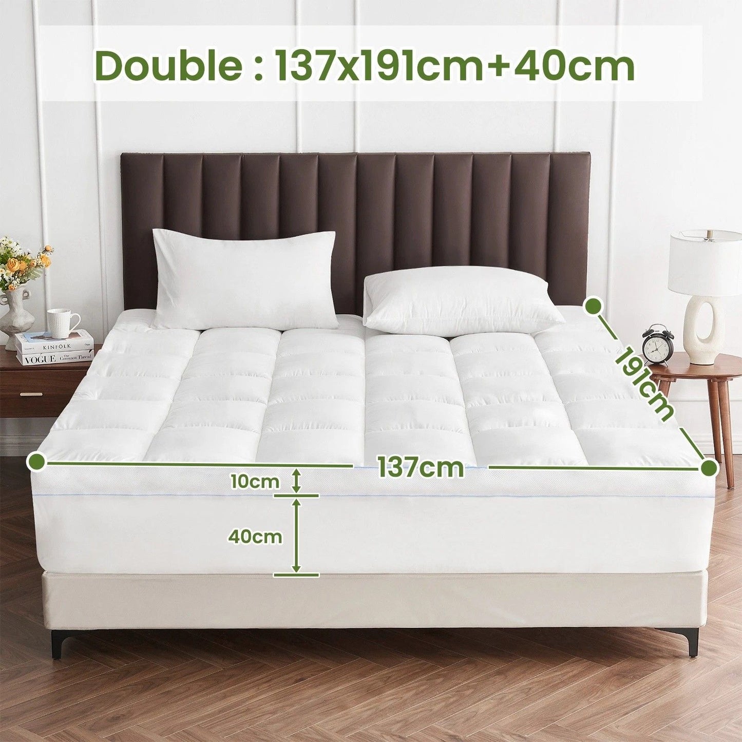1500GSM Bamboo Mattress Topper Extra Thick 10CM Bed Topper Double: 137 x 191 + 40 cm V201-W13484770
