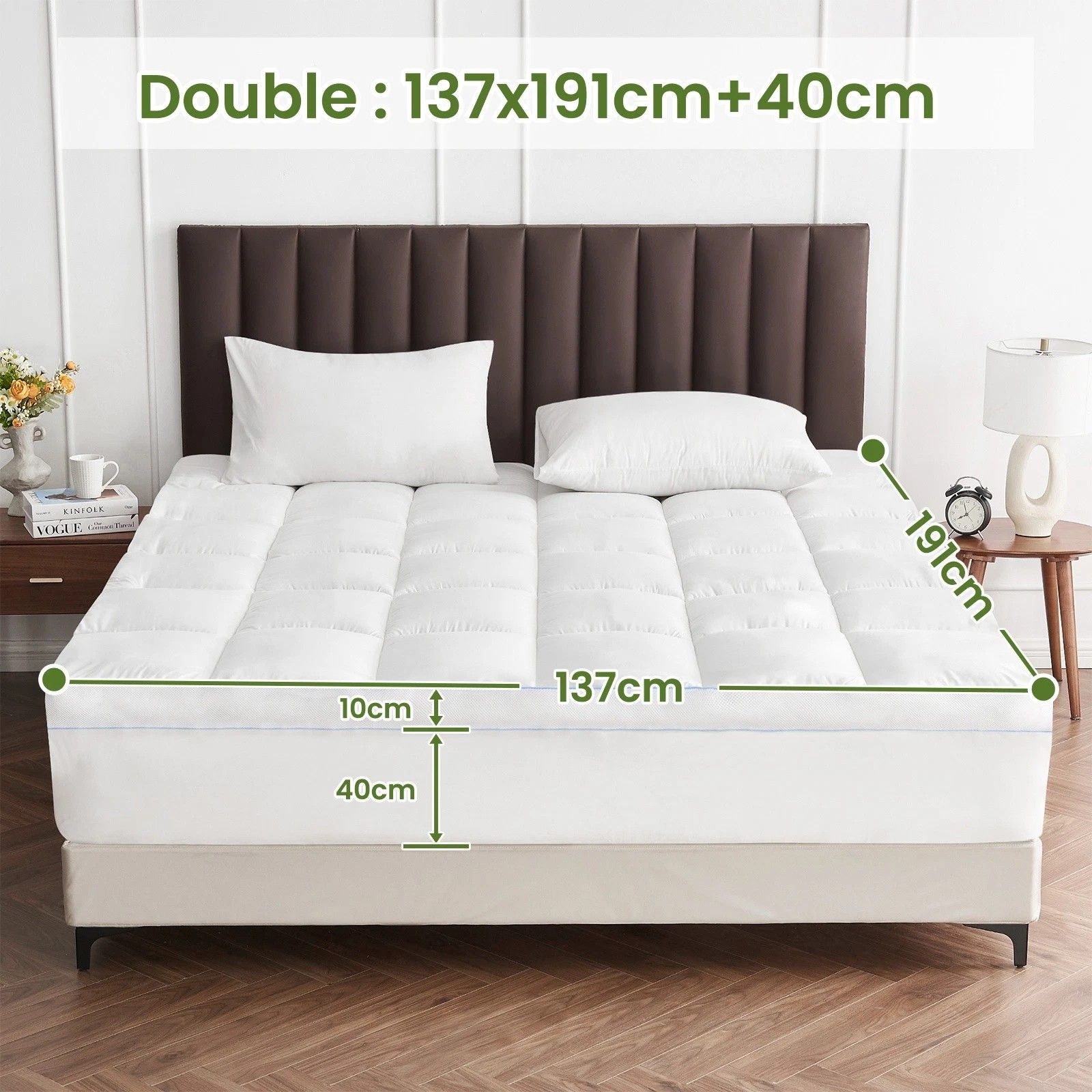 1500GSM Bamboo Mattress Topper Extra Thick 10CM Bed Topper Double: 137 x 191 + 40 cm V201-W13484770