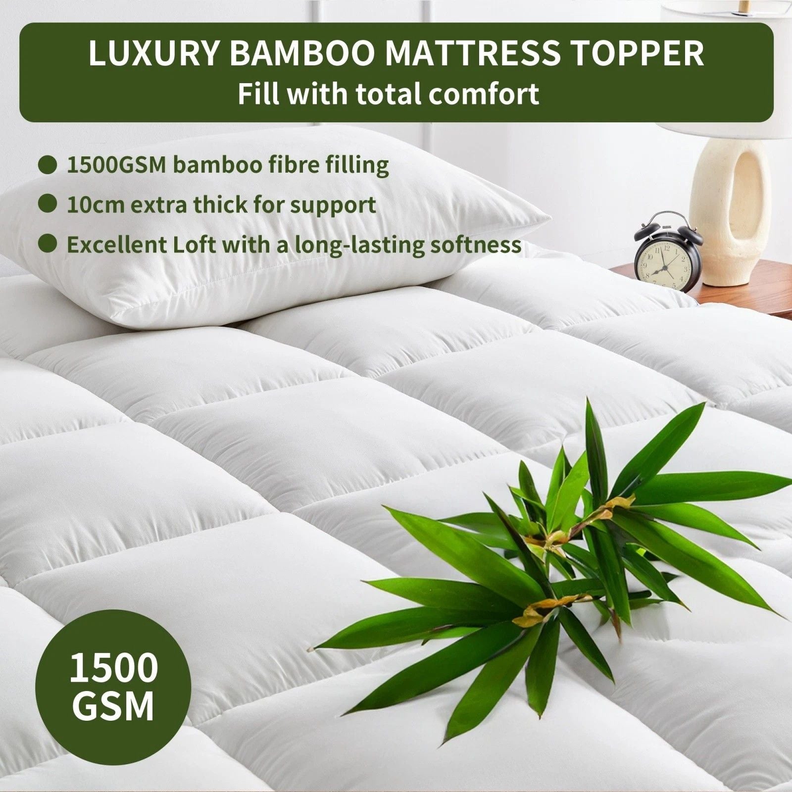 1500GSM Bamboo Mattress Topper Extra Thick 10CM Bed Topper Double: 137 x 191 + 40 cm V201-W13484770