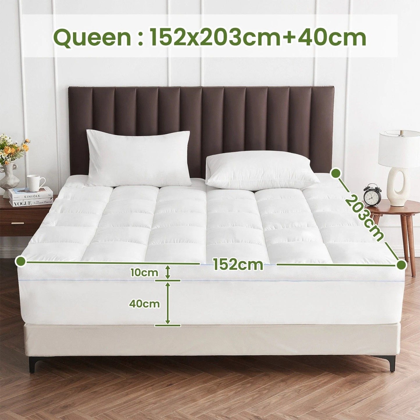 1500GSM Bamboo Mattress Topper Extra Thick 10CM Bed Topper Queen: 152 x 203 + 40 cm V201-W13484773