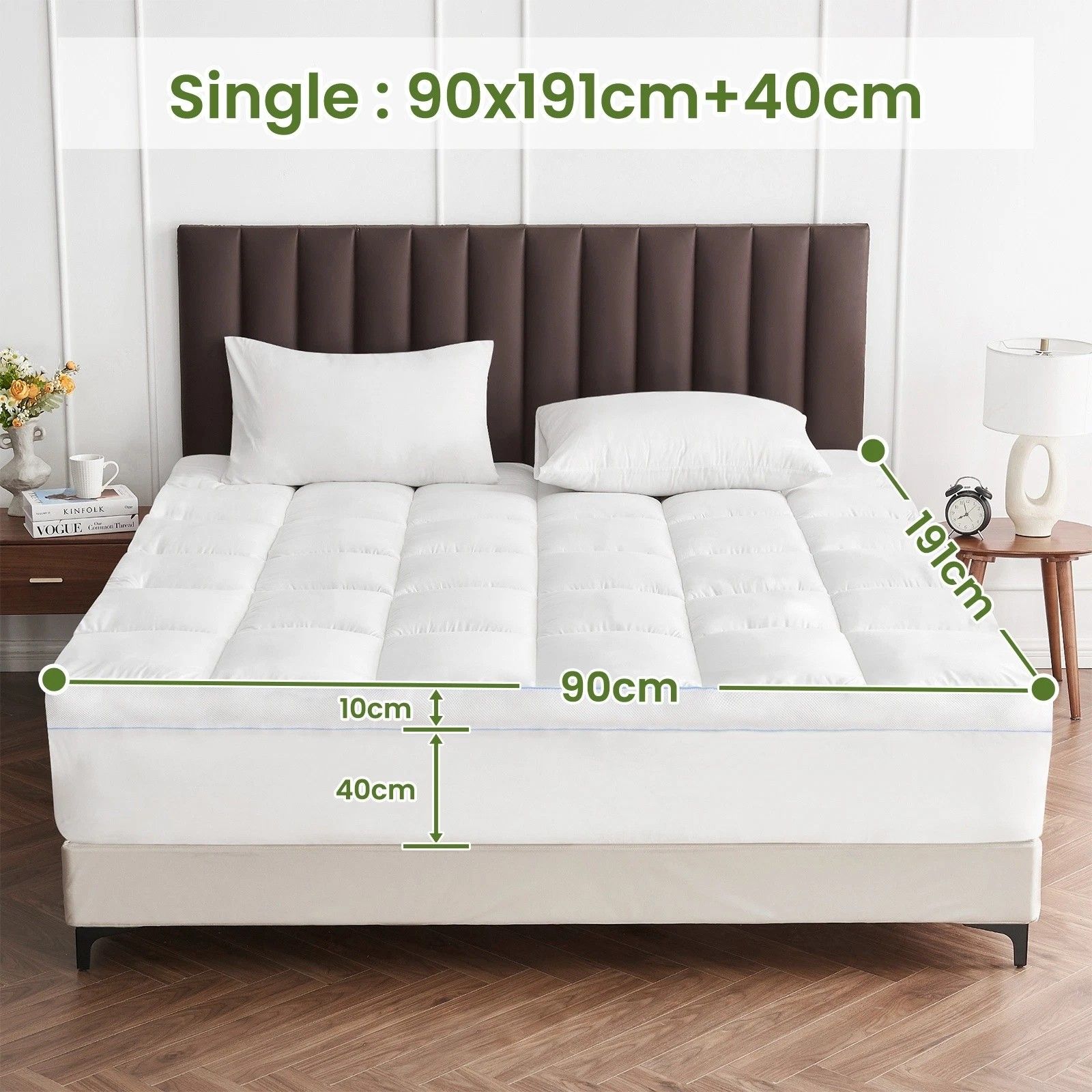 1500GSM Bamboo Mattress Topper Extra Thick 10CM Bed Topper Single: 90 x 191 + 40 cm V201-W13484774