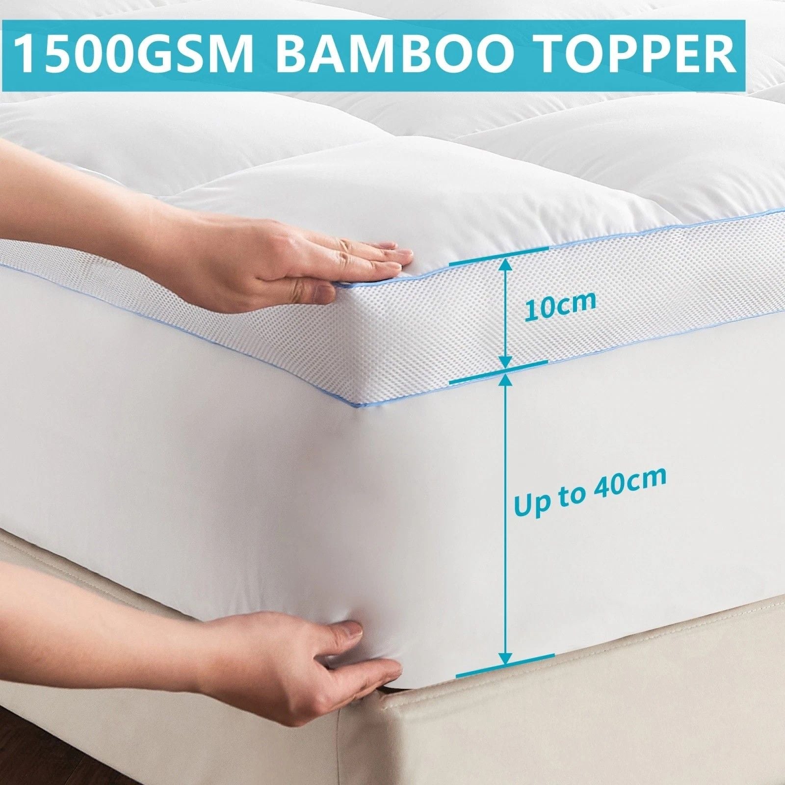 1500GSM Bamboo Mattress Topper Extra Thick 10CM Bed Topper Single: 90 x 191 + 40 cm V201-W13484774