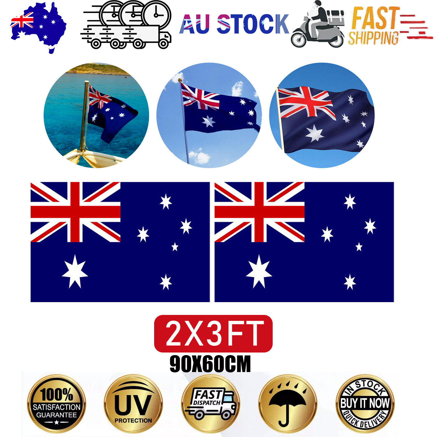 2 Pack Australian Aussie Flag Australia Day Oz AU 2x3ft 60x90cm Polyester V201-W13534981