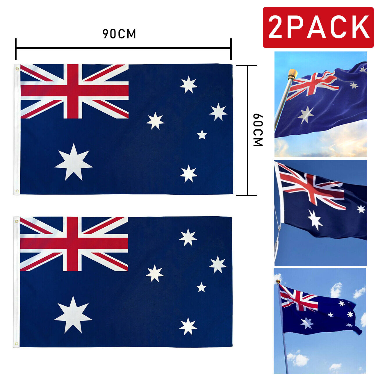 2 Pack Australian Aussie Flag Australia Day Oz AU 2x3ft 60x90cm Polyester V201-W13534981
