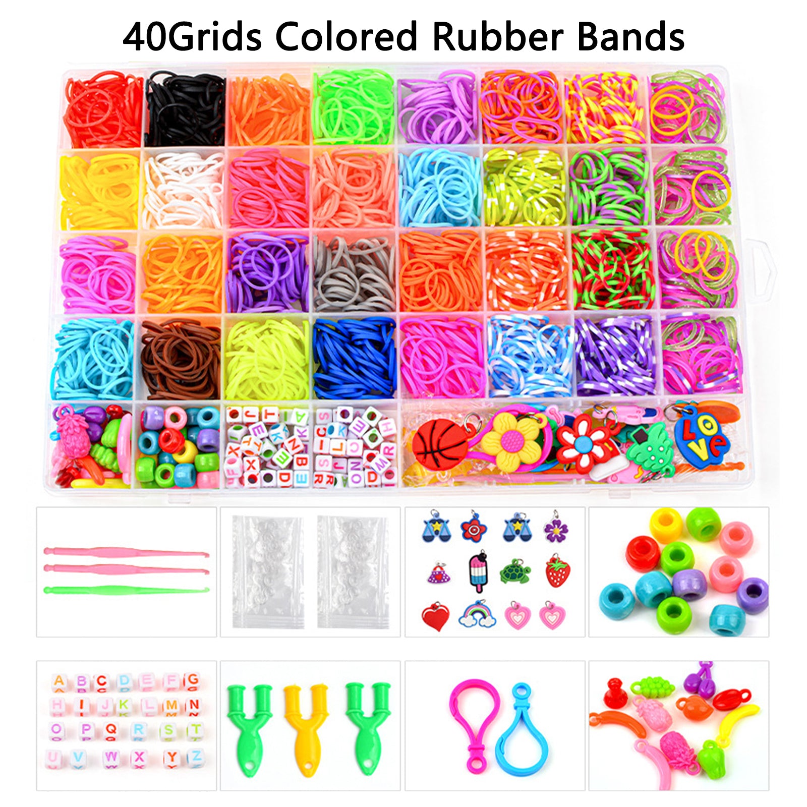 40Grids Rainbow Loom Bands Rubber Bracelet Making Kit S Clips Beads DIY Toys V201-W13555223