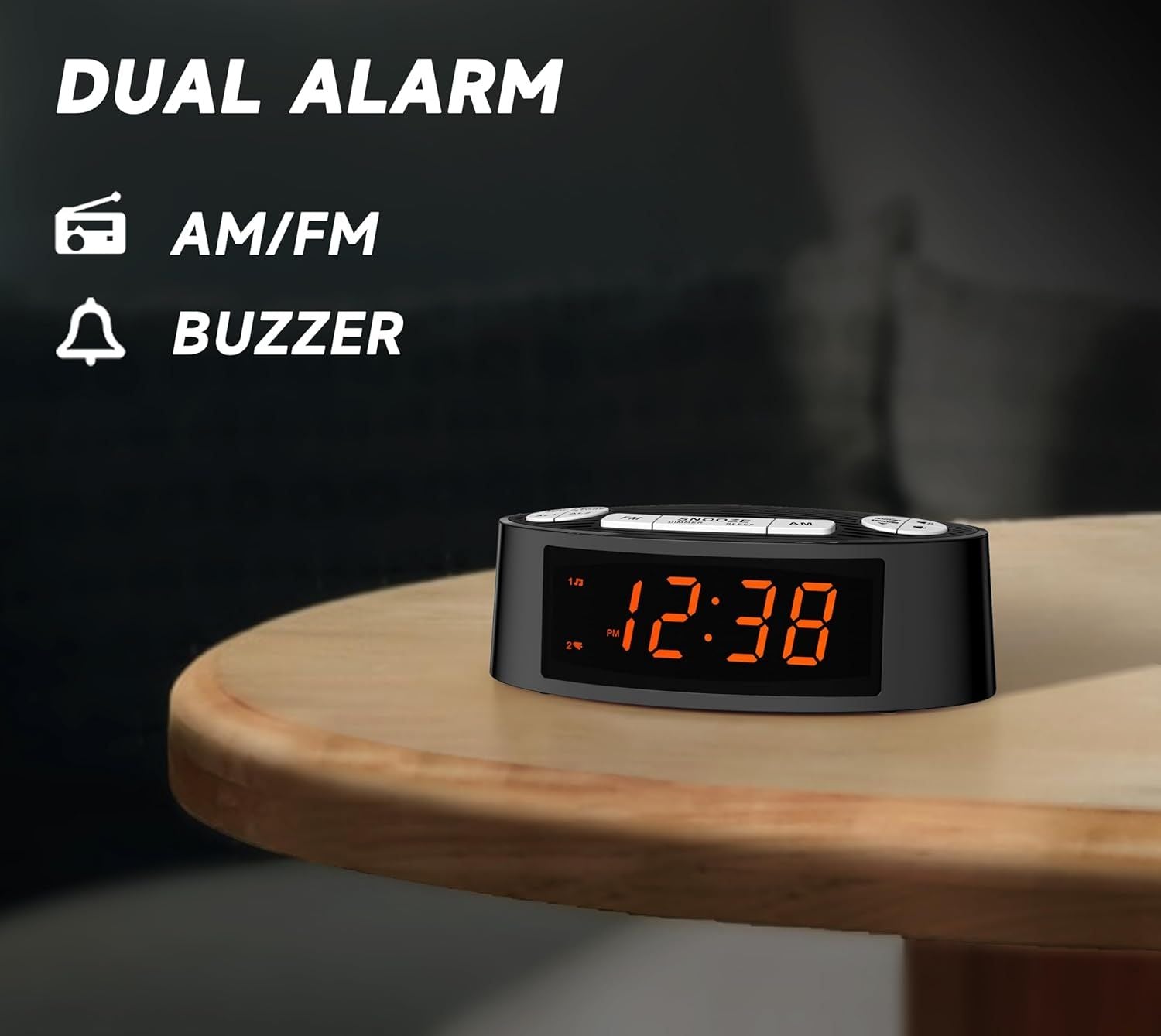 AM/FM Alarm Clock Radio with Dual Alarm, Sleep Timer & Snooze Functions, Orange LED Display, 4-Level Dimming Option