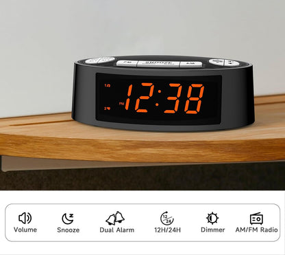 AM/FM Alarm Clock Radio with Dual Alarm, Sleep Timer & Snooze Functions, Orange LED Display, 4-Level Dimming Option
